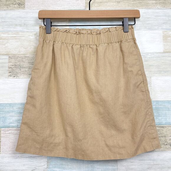 J Crew Linen Blend Sidewalk Mini Skirt Tan Elastic Waist Pull On Casual Womens 0 - Picture 1 of 7
